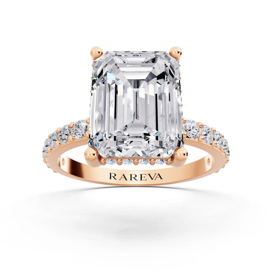 14 KT Rose Gold Emerald Cut Diamond Solitaire Ring with Hidden Halo and Pave Band - front view