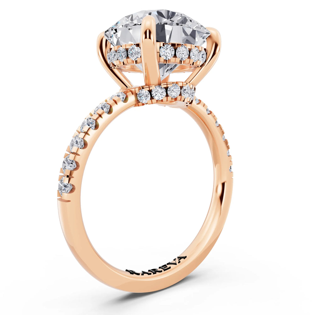 18 KT Rose Gold Round Cut Diamond Hidden Halo Tiger Prong Pave Band Ring - top view