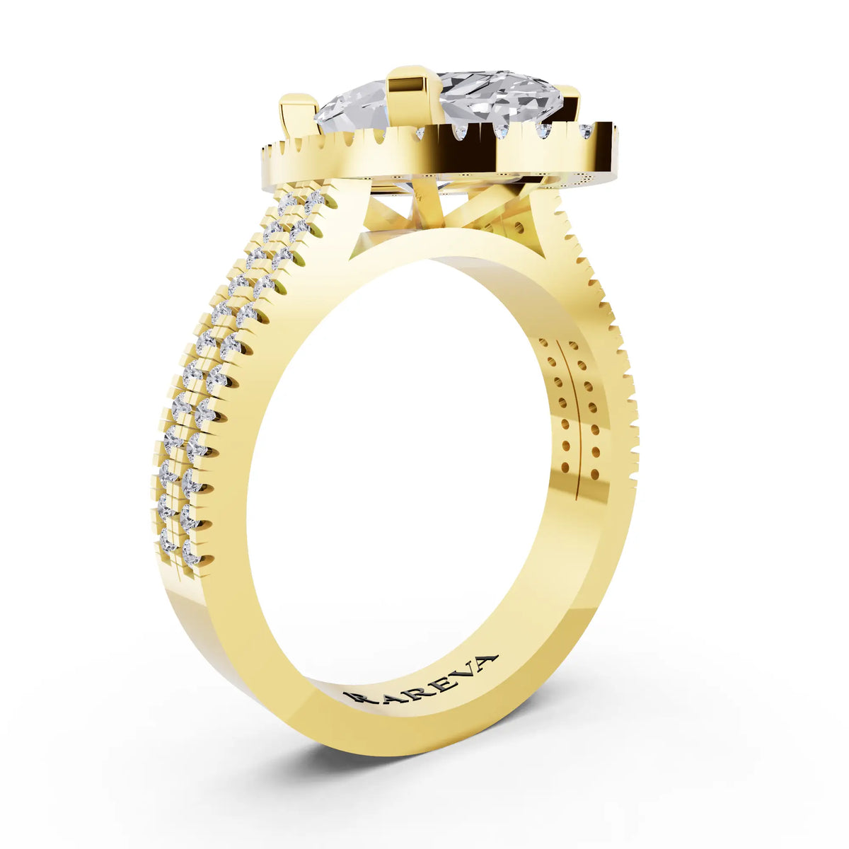 14 KT Yellow Gold Marquise Cut Diamond Halo Ring with Twin Pave Band - top view