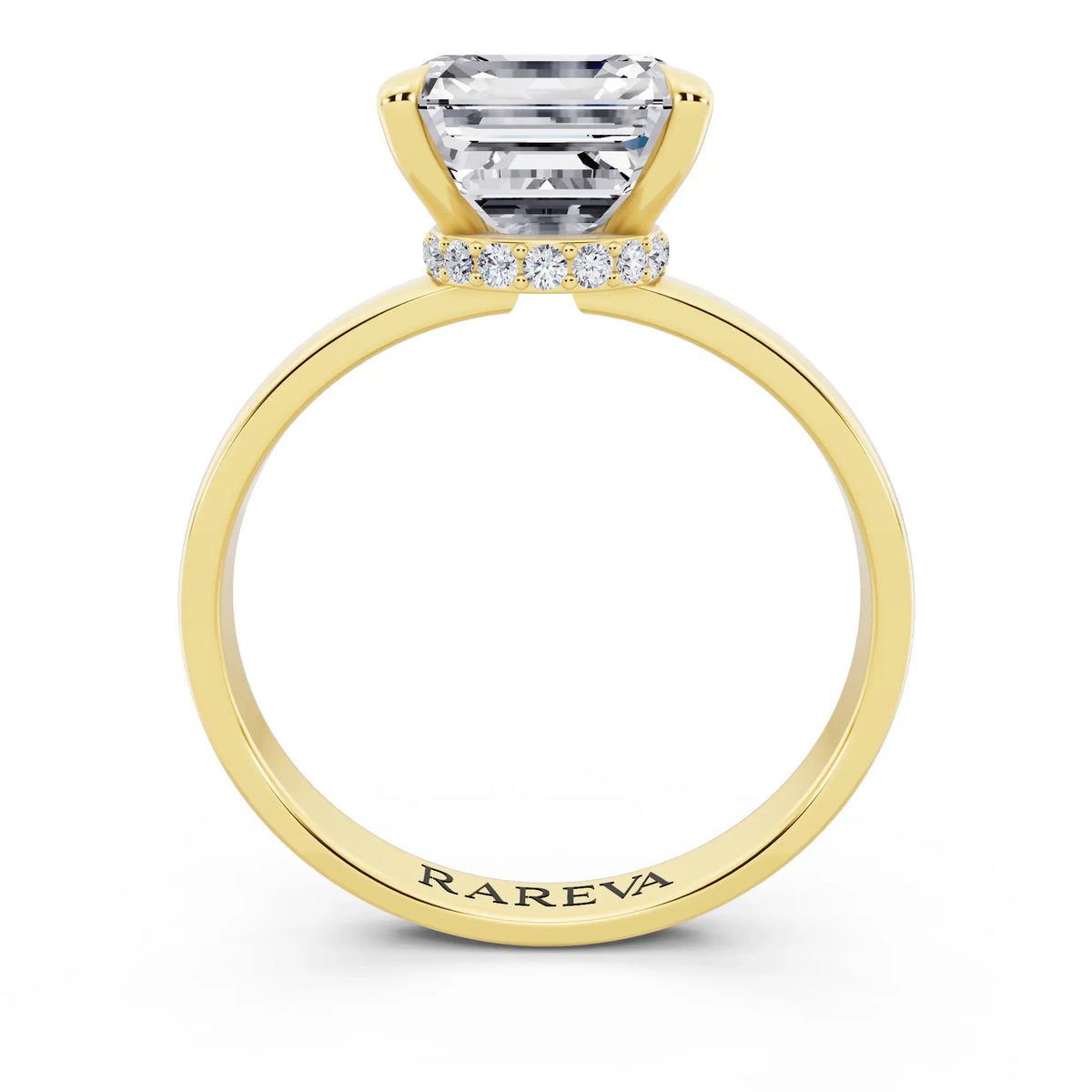18 KT Yellow Gold Asscher Cut Diamond Solitaire Ring with Pave Collar - through finger
