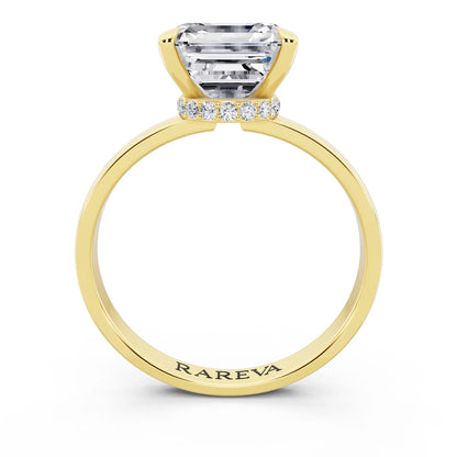18 KT Yellow Gold Asscher Cut Diamond Solitaire Ring with Pave Collar - through finger