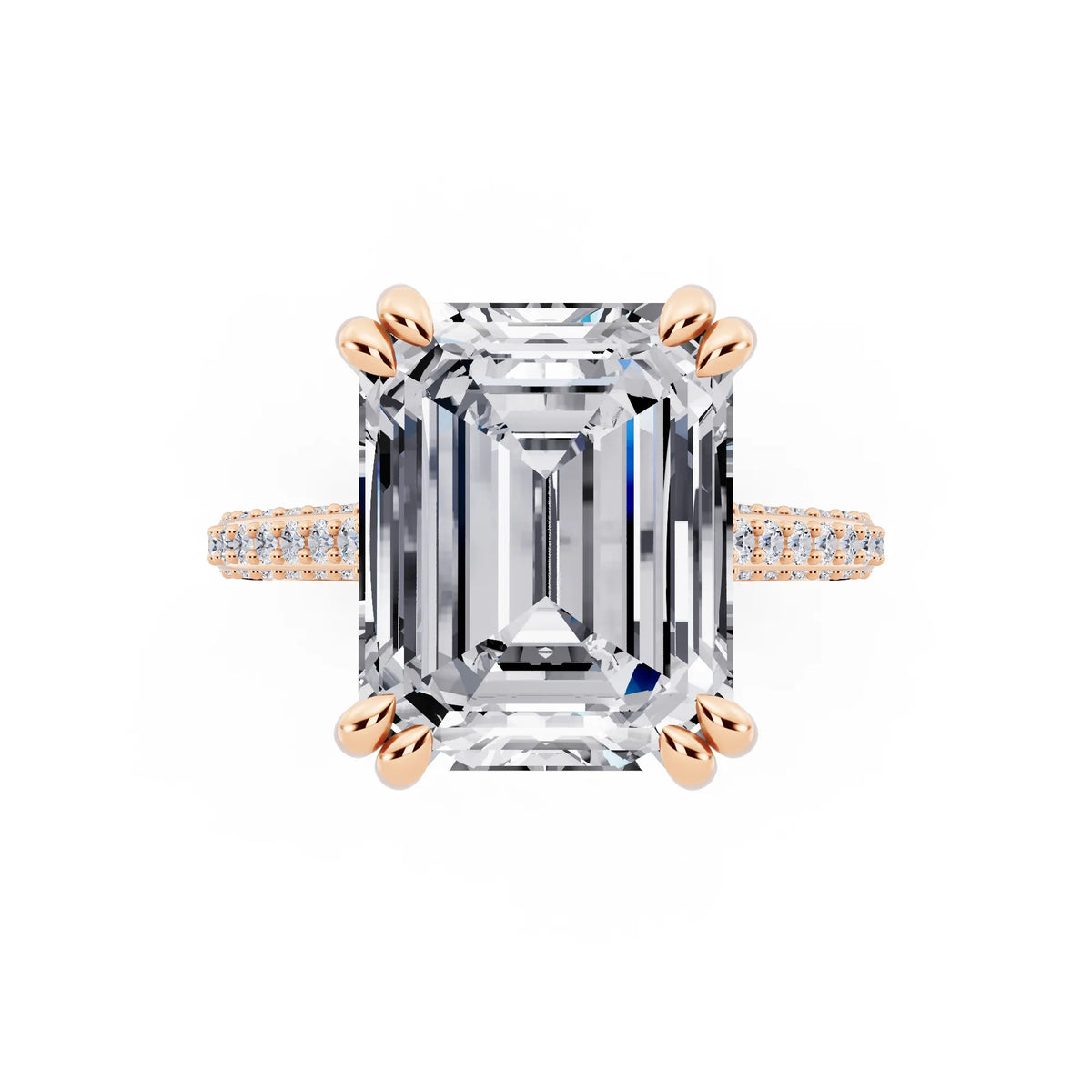 14 KT Rose Gold Emerald Cut Diamond Hidden Halo Double Claw Pave Band Ring - top angle
