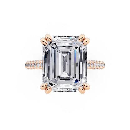 14 KT Rose Gold Emerald Cut Diamond Hidden Halo Double Claw Pave Band Ring - top angle