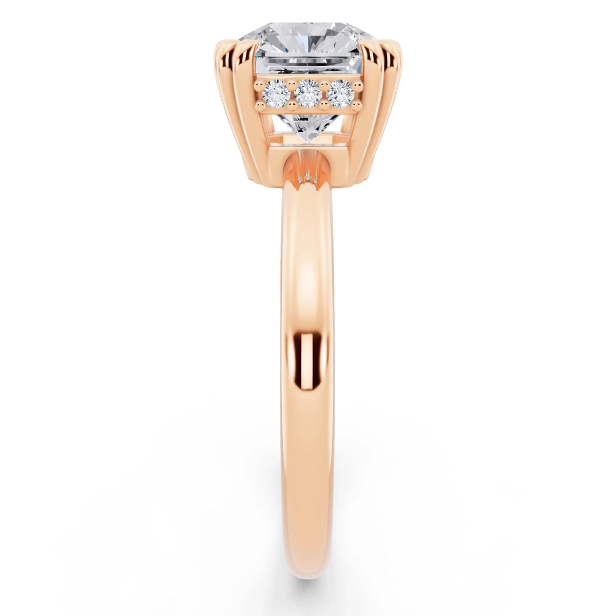 14 KT Rose Gold Asscher Cut Diamond Solitaire Ring with Hidden Accent Basket - side view