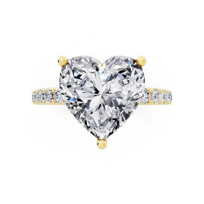 14 KT Yellow Gold Heart Cut Diamond Solitaire Ring with Hidden Halo and Pave Band - top angle