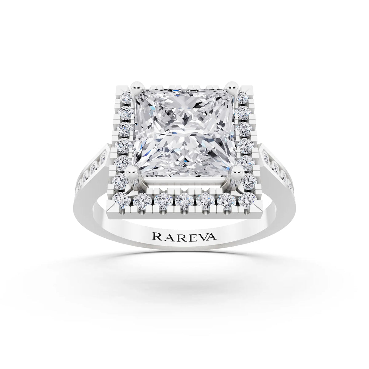 Platinum Princess Cut Diamond Halo Ring with Bezel Accent Band - front view