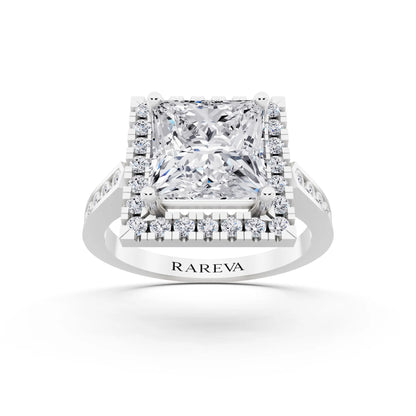 Platinum Princess Cut Diamond Halo Ring with Bezel Accent Band - front view