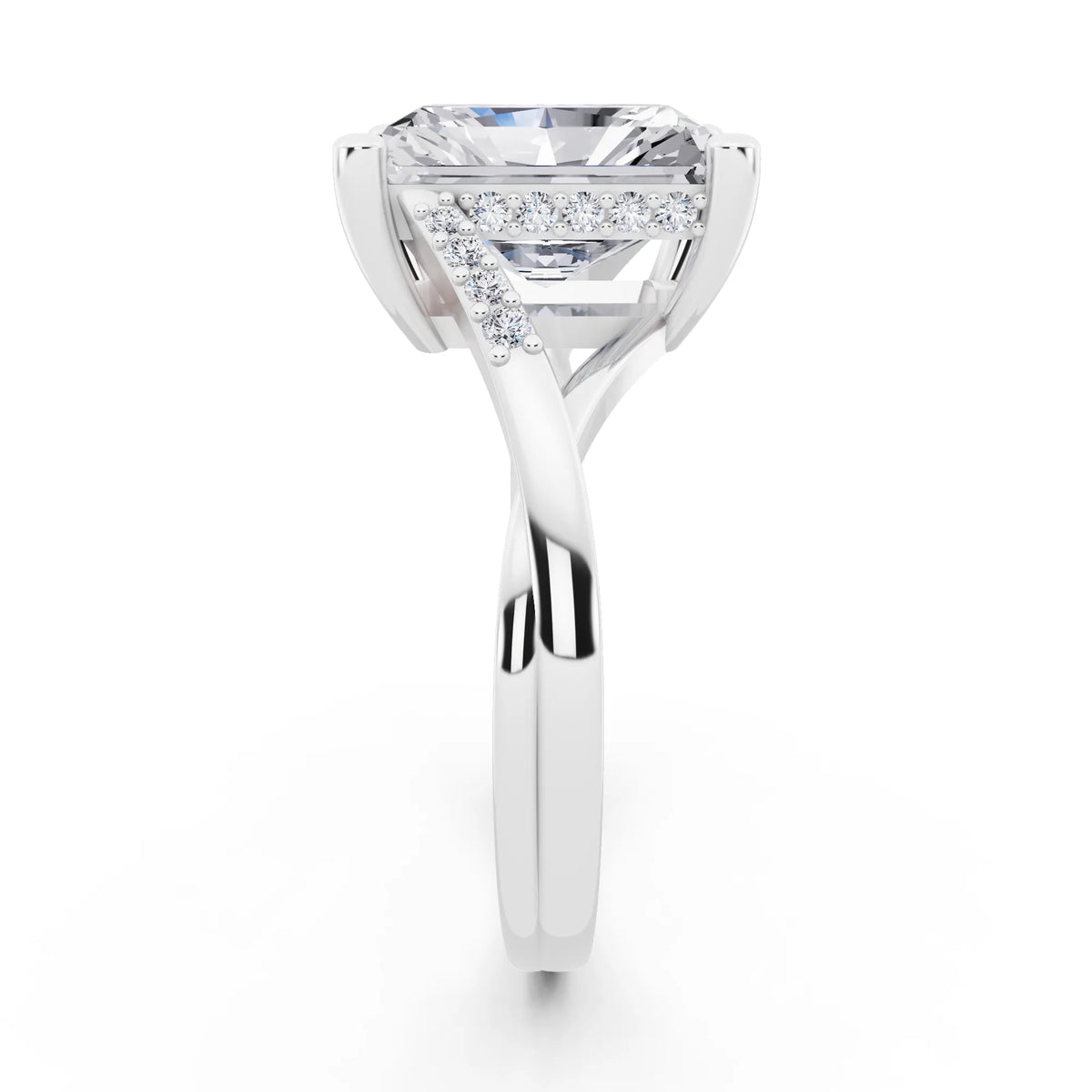 14 KT White Gold Radiant Cut Diamond Split Shank Engagement Ring with Hidden Halo - side view