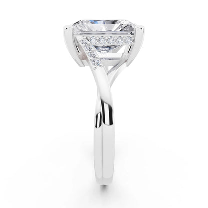14 KT White Gold Radiant Cut Diamond Split Shank Engagement Ring with Hidden Halo - side view