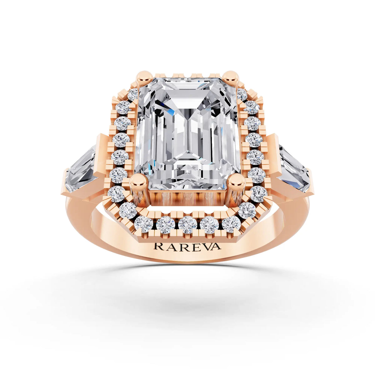 18 KT Rose Gold Emerald Cut Diamond Halo Ring with Baguette Accents - front view