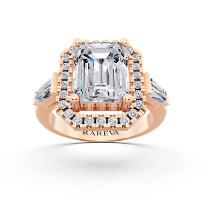 18 KT Rose Gold Emerald Cut Diamond Halo Ring with Baguette Accents - front view