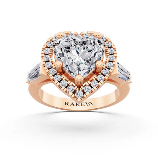 14 KT Rose Gold Heart Cut Diamond Halo Ring with Baguette Accents - front view