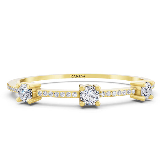 14K Yellow Gold Three Stone Round Cut Diamond Bangle Bracelet - Main