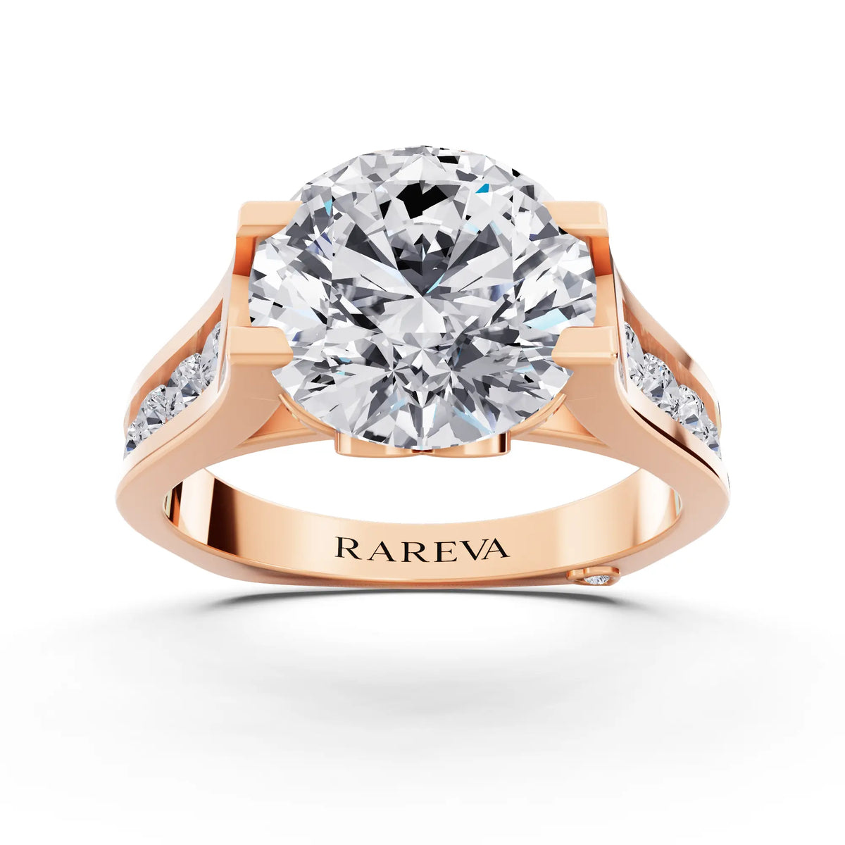 18 KT Rose Gold Round Cut Diamond Solitaire Ring with Graduated Channel Band - Front