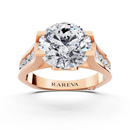 18 KT Rose Gold Round Cut Diamond Solitaire Ring with Graduated Channel Band - Front