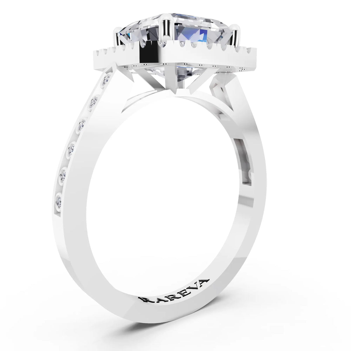14 KT White Gold Asscher Cut Diamond Halo Ring with Bezel Accent Band - top view