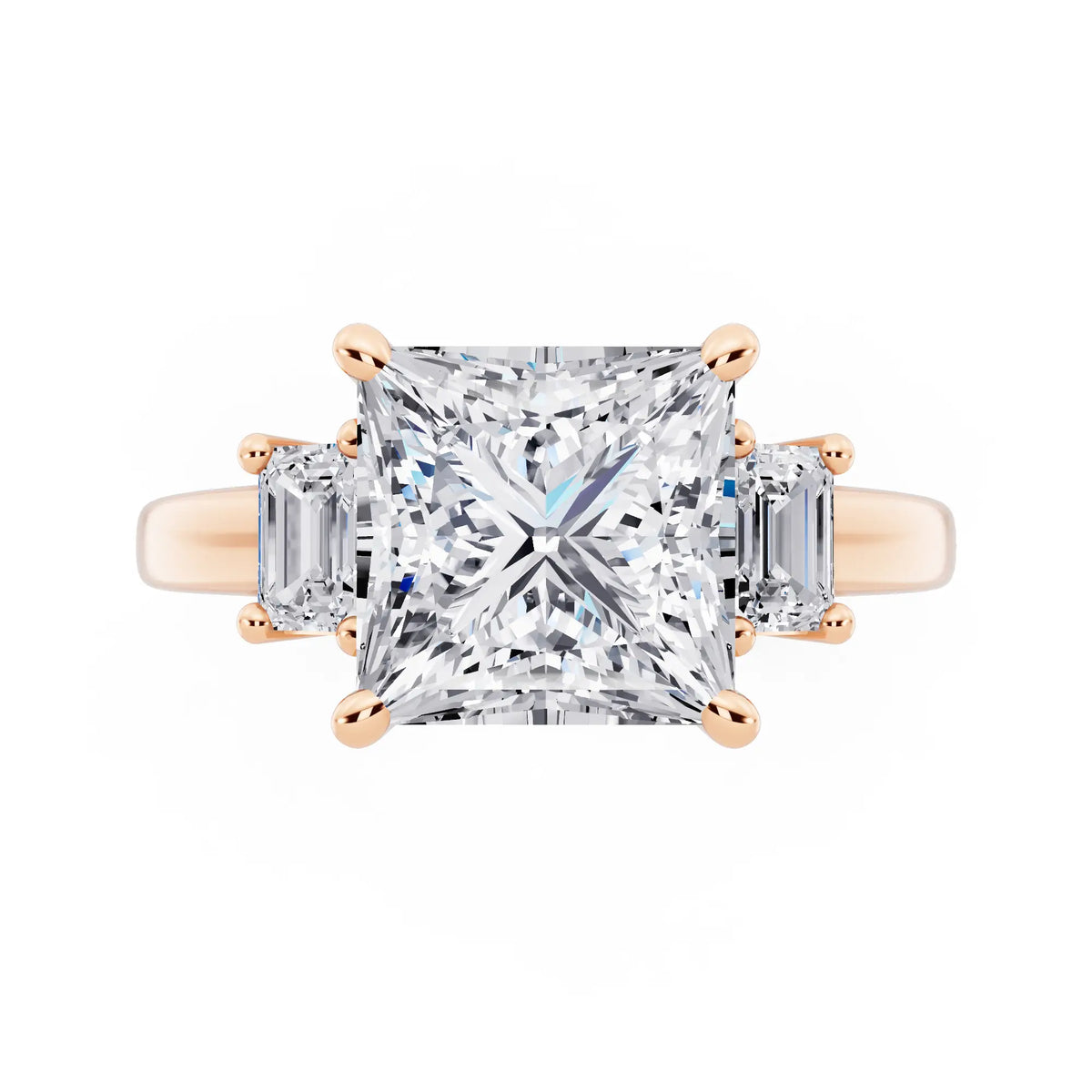 14 KT Rose Gold Princess Cut Diamond Three Stone Emerald Accent Ring - top angle