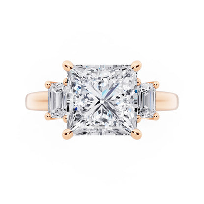14 KT Rose Gold Princess Cut Diamond Three Stone Emerald Accent Ring - top angle