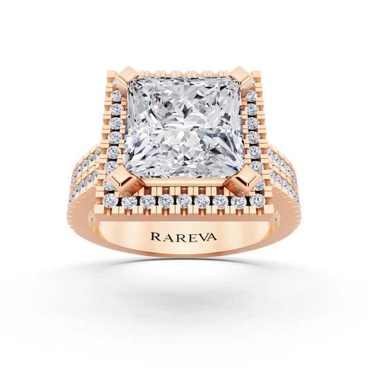 18 KT Rose Gold Princess Cut Diamond Halo Ring with Twin Pave Band - front view