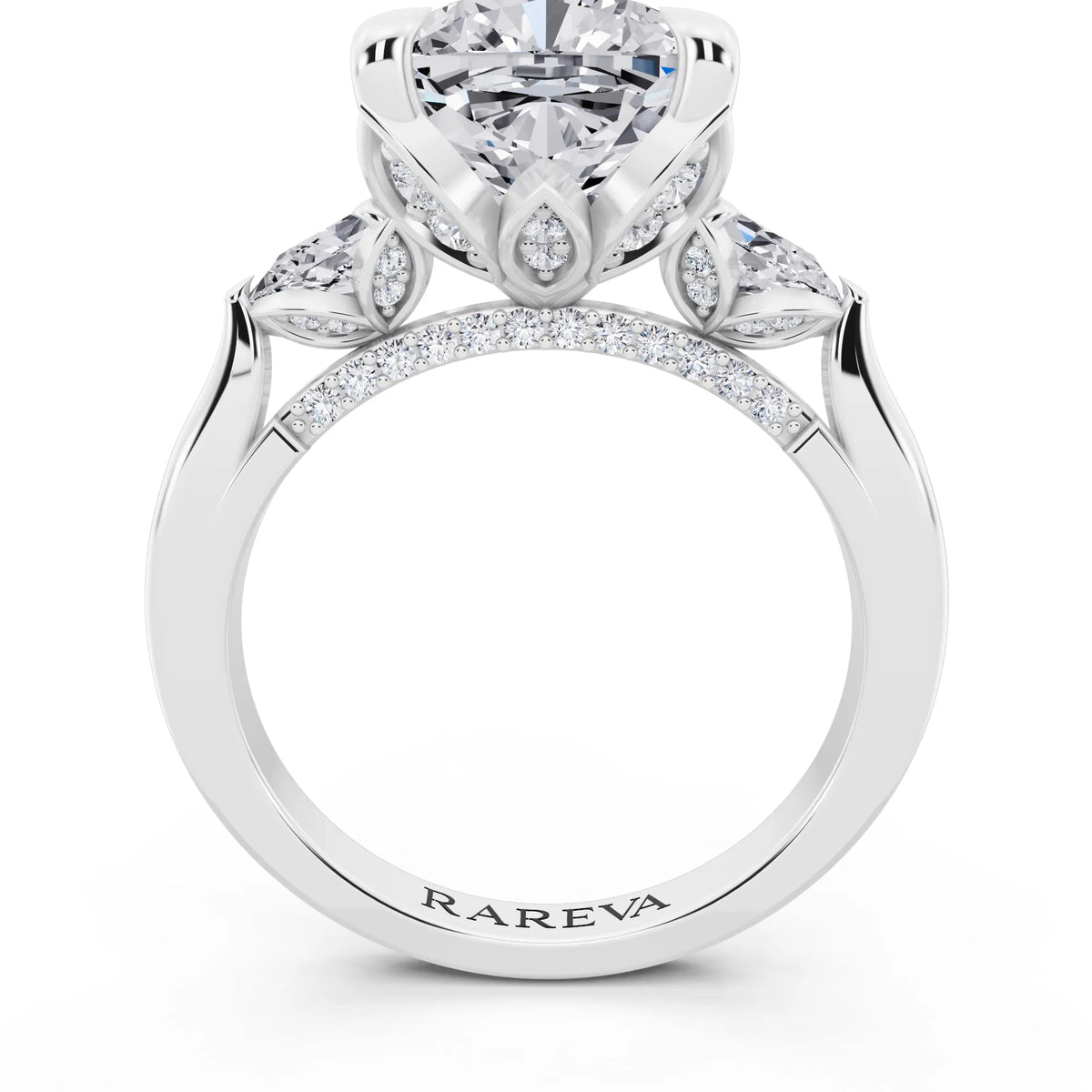Platinum Cushion Cut Diamond Cluster Engagement Ring with Pear Accents and Pavé Band - through finger