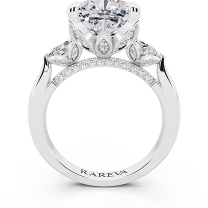 Platinum Cushion Cut Diamond Cluster Engagement Ring with Pear Accents and Pavé Band - through finger