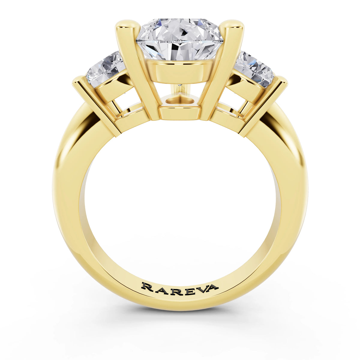 18 KT Yellow Gold Pear Cut Diamond Three Stone Ring with Round Accents - through finger