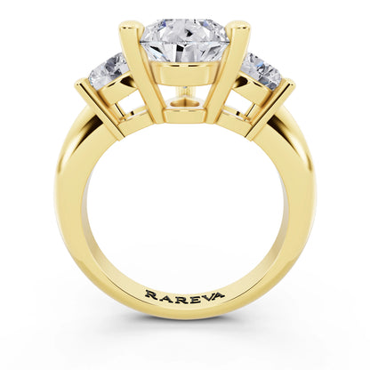18 KT Yellow Gold Pear Cut Diamond Three Stone Ring with Round Accents - through finger