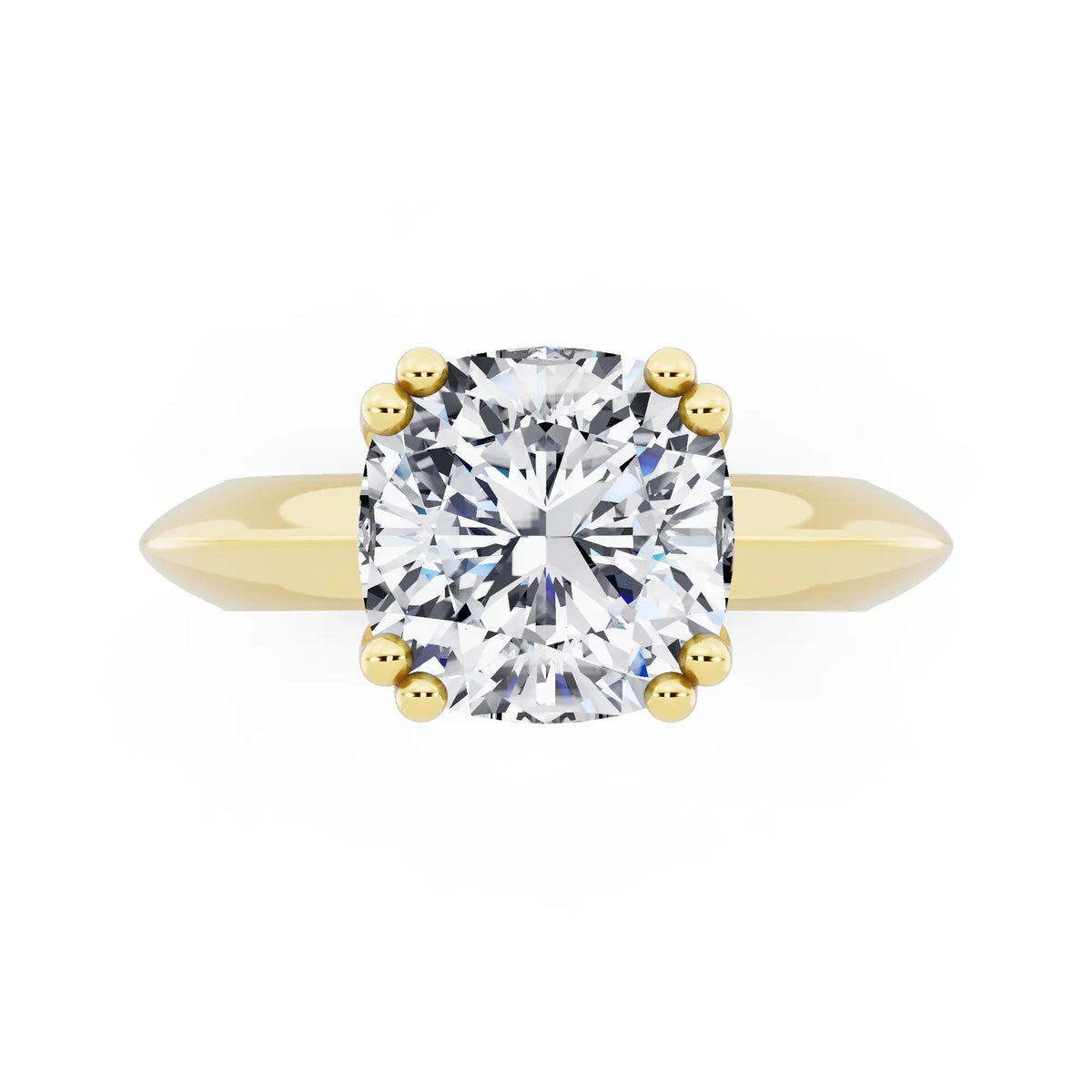 14 KT Yellow Gold Cushion Cut Diamond Solitaire Ring with Knife Edge Band - top angle