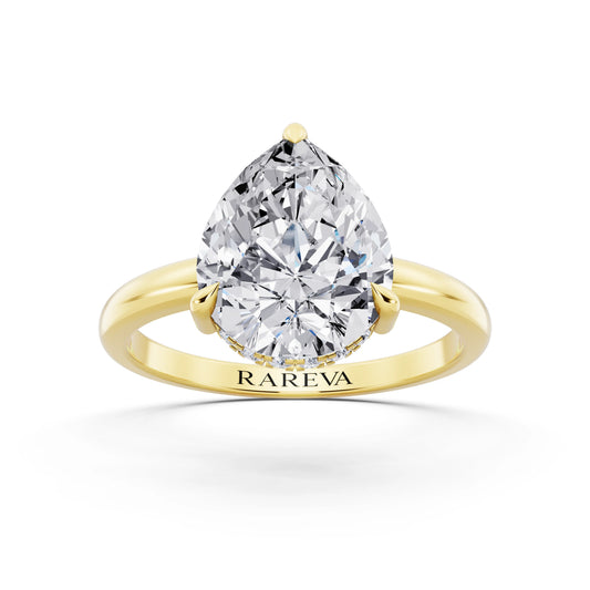 14 KT Yellow Gold Pear Cut Diamond Solitaire Ring with Hidden Halo - front view