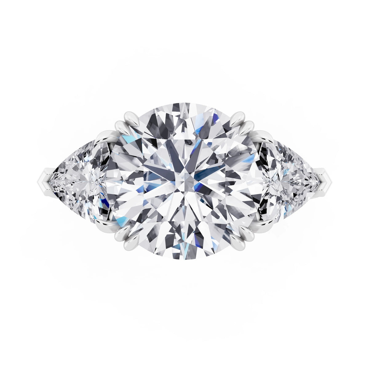 18 KT White Gold Round Cut Diamond Three Stone Ring with Trillion Accents - top angle