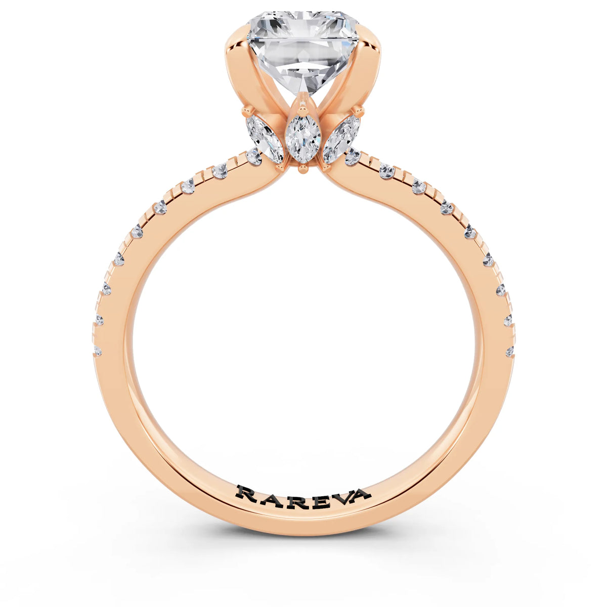18 KT Rose Gold Radiant Cut Diamond Solitaire Ring with Marquise Collar - through finger