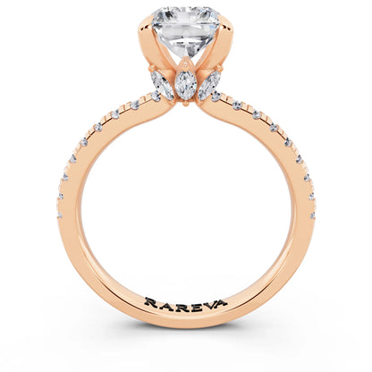 18 KT Rose Gold Radiant Cut Diamond Solitaire Ring with Marquise Collar - through finger