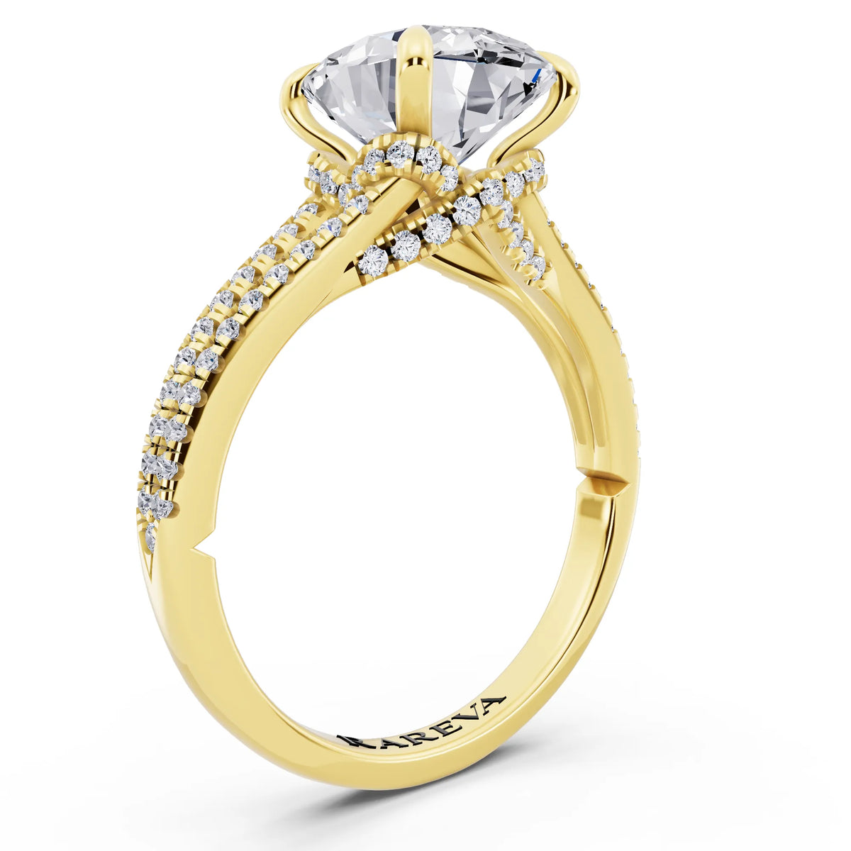 18 KT Yellow Gold Oval Cut Diamond Ring with Pavé Split Shank - top view