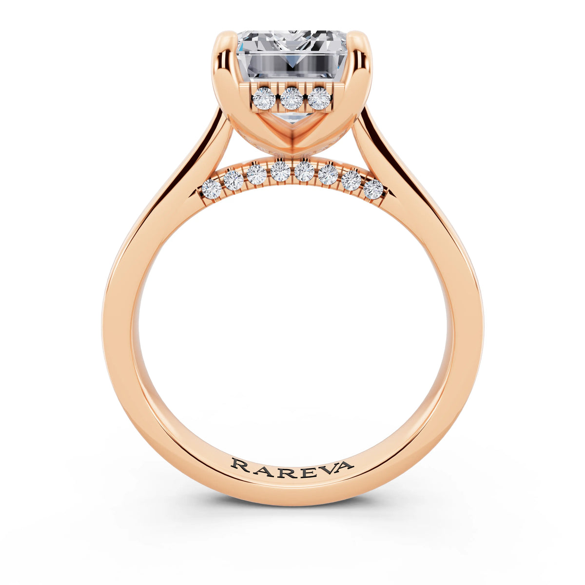 14 KT Rose Gold Emerald Cut Diamond Solitaire Ring with Cathedral Band - through finger