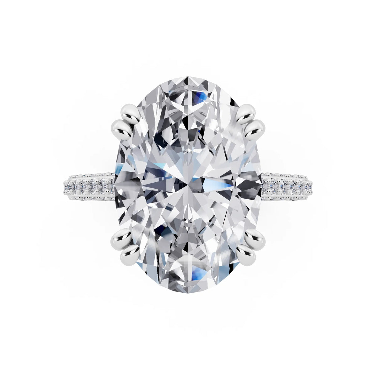 18 KT White Gold Oval Cut Diamond Hidden Halo Double Claw Pave Band Ring - top angle