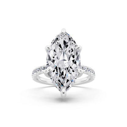 18 KT White Gold Marquise Cut Diamond Hidden Halo Tiger Prong Pave Band Ring - front view
