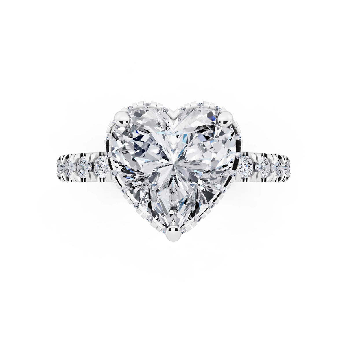 Platinum Heart Cut Diamond Hidden Halo Ring with Pave Band - top angle