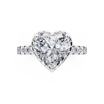 Platinum Heart Cut Diamond Hidden Halo Ring with Pave Band - top angle