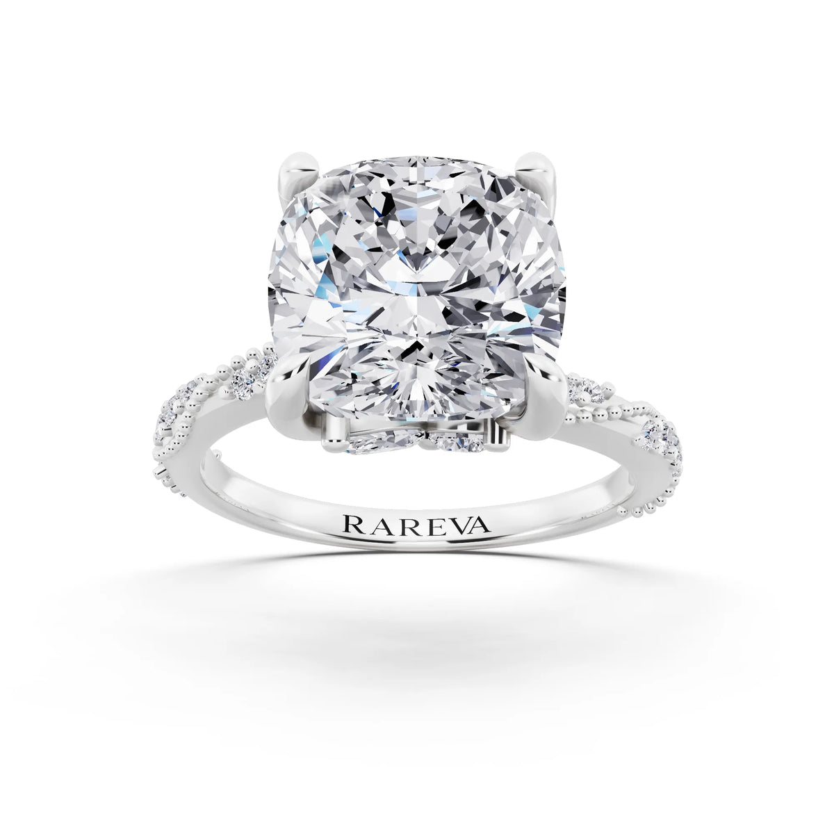 14 KT White Gold Cushion Cut Diamond Ring with Marquise Accent - front view