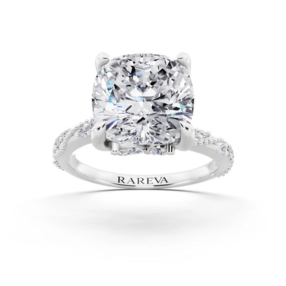 14 KT White Gold Cushion Cut Diamond Ring with Marquise Accent - front view