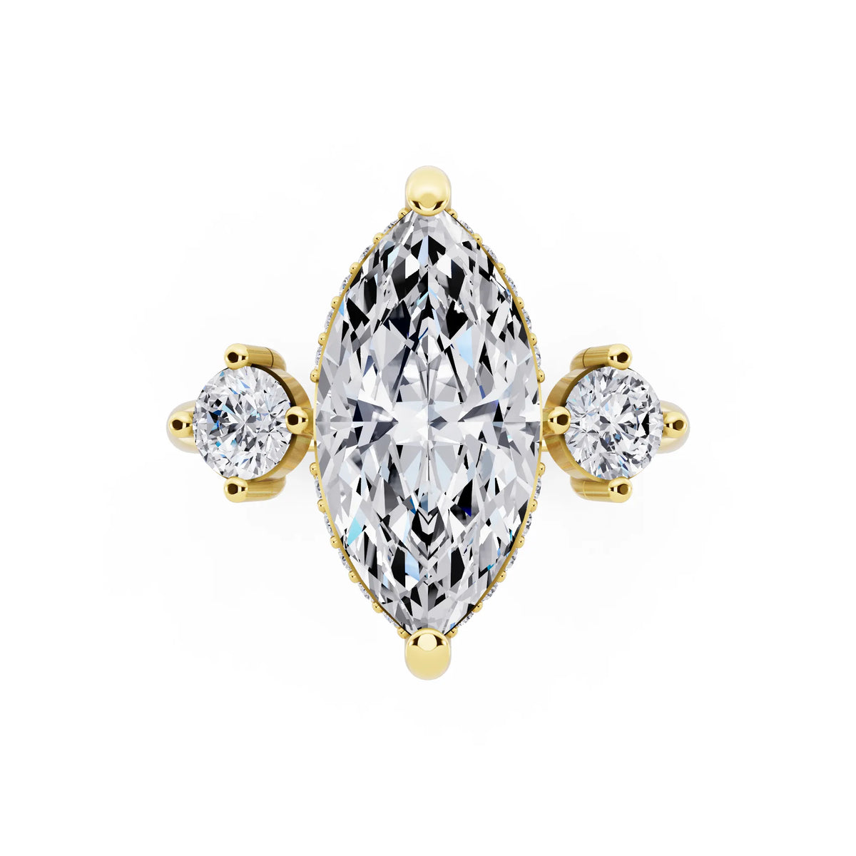 18 KT Yellow Gold Marquise Cut Diamond Three Stone Engagement Ring with Hidden Halo - top angle