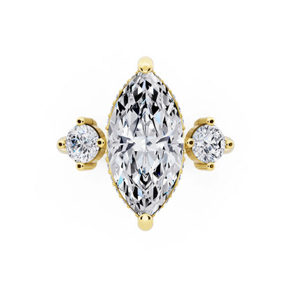 18 KT Yellow Gold Marquise Cut Diamond Three Stone Engagement Ring with Hidden Halo - top angle