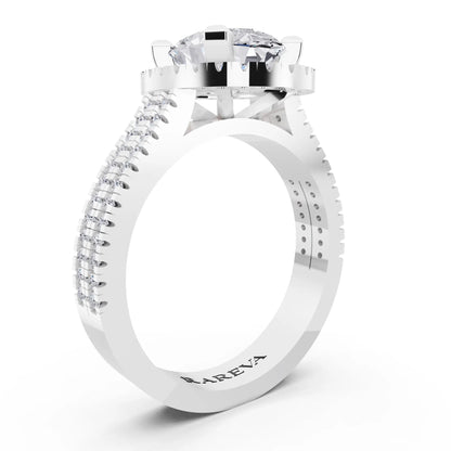 18 KT White Gold Oval Cut Diamond Halo Ring with Twin Pave Band - top view