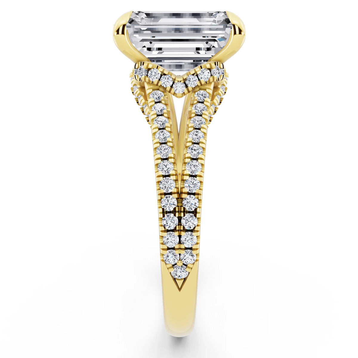 14 KT Yellow Gold Emerald Cut Diamond Ring with Pavé Split Shank - side view