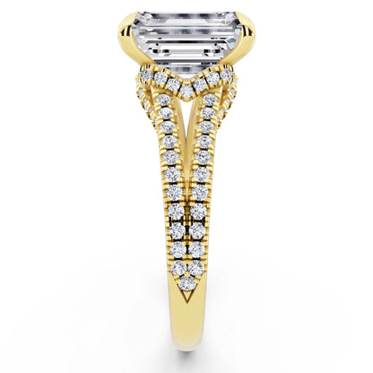14 KT Yellow Gold Emerald Cut Diamond Ring with Pavé Split Shank - side view