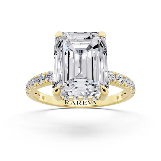 14 KT Yellow Gold Emerald Cut Diamond Solitaire Ring with Hidden Halo and French Pave Band - front view