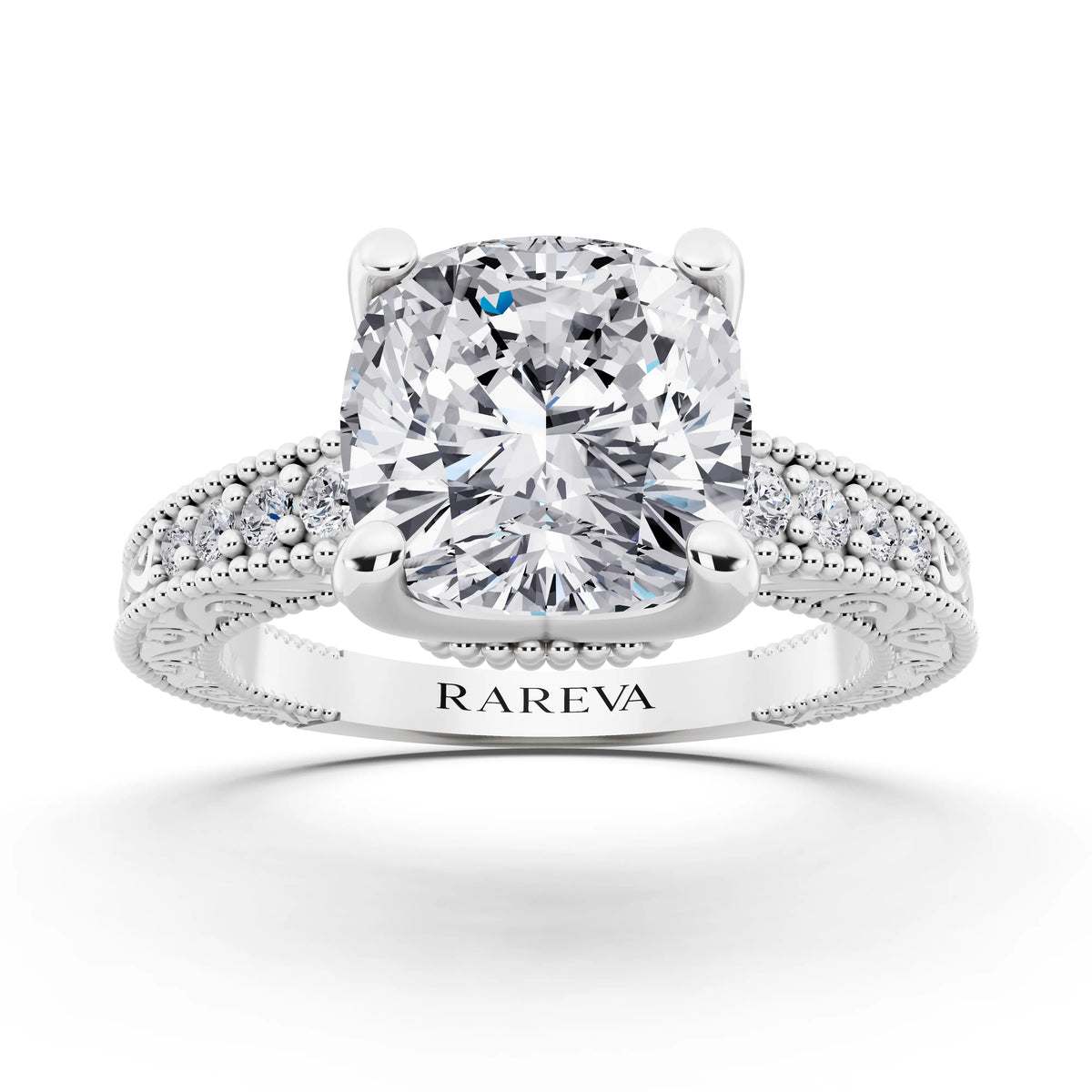 14 KT White Gold Cushion Cut Diamond Vintage - front view