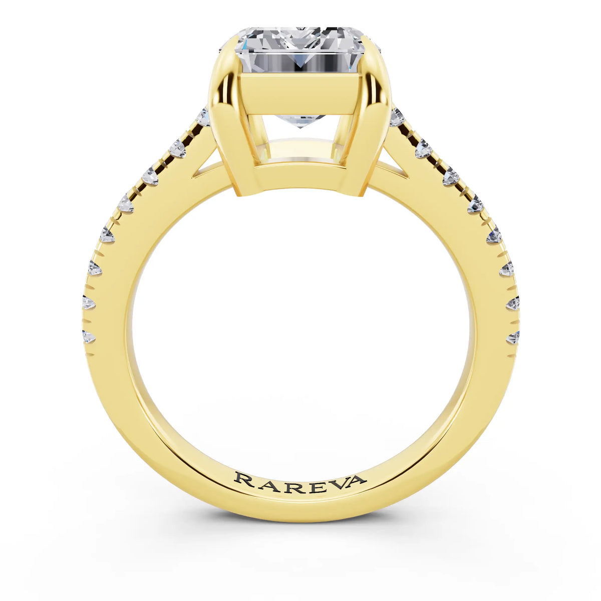 18 KT Yellow Gold Emerald Cut Diamond Claw Prong Solitaire Ring with French Pave Band - through finger