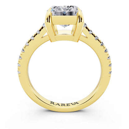 18 KT Yellow Gold Emerald Cut Diamond Claw Prong Solitaire Ring with French Pave Band - through finger