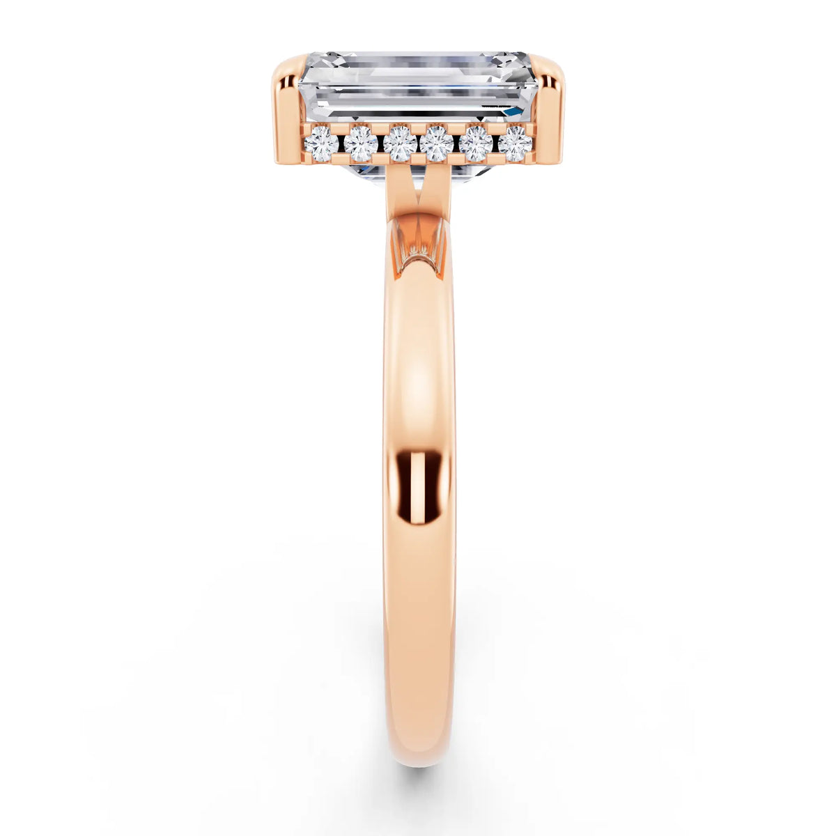 14 KT Rose Gold Emerald Cut Diamond Solitaire Ring with Hidden Halo - side view